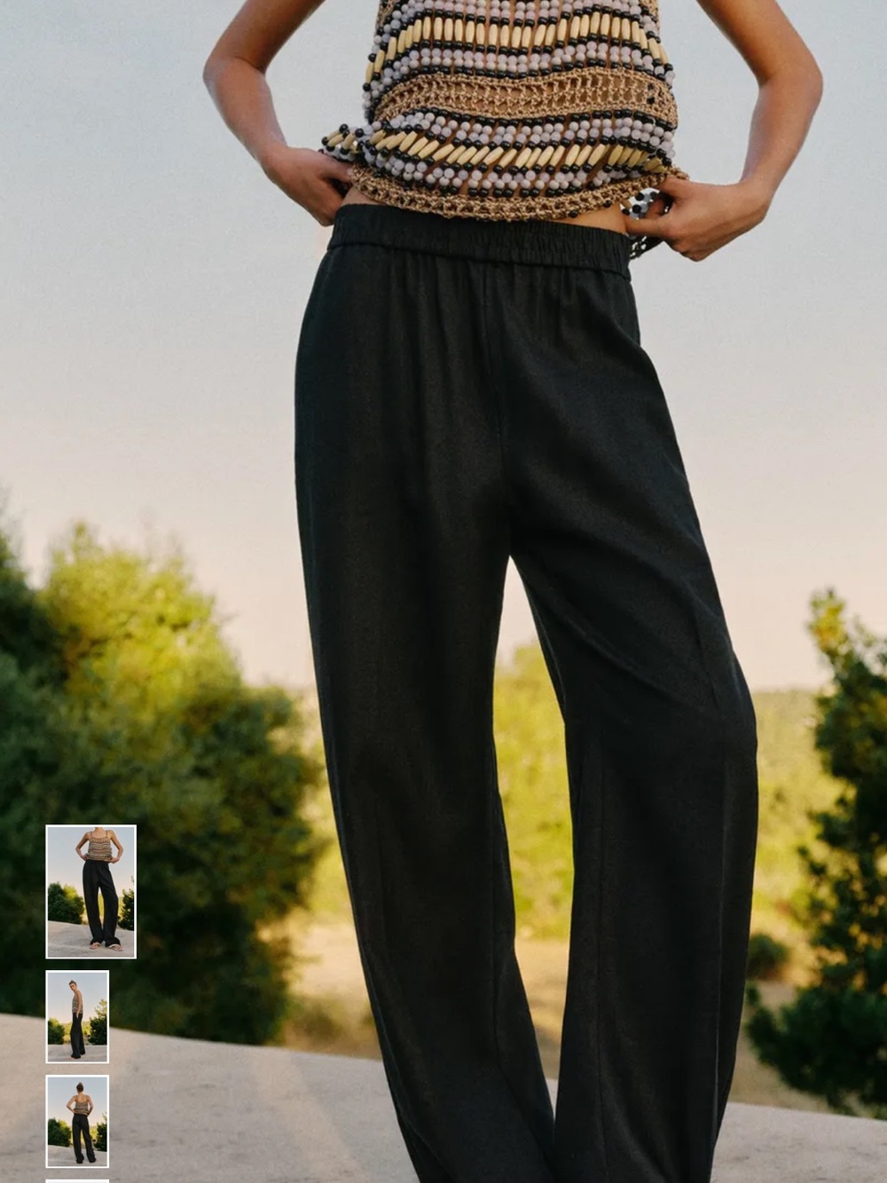 Women's Black Elastic-Waist Linen Pants